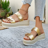 Fashion Buckle Wedge Platform Sandals Women Summer Plus Size 43 Chunky Heel Sandals Woman Heighten Thick Sole Gold Sandles Mujer