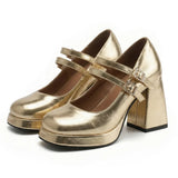 Big Size 32-46 Y2K Metallic Mary Jane High Heels Women Shoes Round Toe Double Straps Rhinestone Buckle Platform Block Heel Pumps