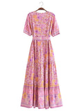 Foridol Single Breasted Bohemian Holiday Summer Women Dress Belt Casual Loose Maxi Floral Dress Short Sleeve Long Viscose Dress