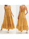 Women Summer Bohemian Floral Print Sundress Smocked Square Neck Sleeveless Backless A-line Long Tiered Ruffle Dress with Pockets