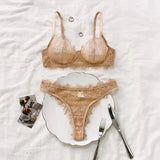 Ladies' Basic Style Thin Lace Bra And Panty Set Seamless Single Layer Eyelet Underwear Comfortable Intimate Apparel