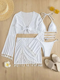 sexy 4pcs boho tassels trim bikinis sets ladies padded bikini set +cover up tops skirts beachwear bathing suit biquini monokini