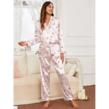 Spring and autumn long-sleeved trousers cardigan home wear set imitation silk women's pajamas can be worn outside