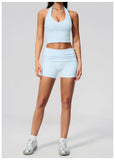 2PCS Yoga Set Women V-neck Cross Neck Shock-absorbing Sports Vest Workout Pleate Flip High Waist Shorts Gym Runing Fitness Suits