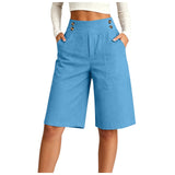 Women's High Waist Cotton Linen Bermuda Shorts Double Breasted Wide Leg Casual Shorts With Pockets Loose Fit Office Summer Short