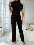Women Sleepwear Black Lace Trim Cherry Print 2 Piece Pajamas Set Short Sleeve Top & Full-Length Pants Homewear