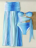 Vintage Blue Gradient Swimwear Pleate Long Skirt Bikini Set 2026 Women Bandeau Metal Starfish Bathing Suit One Piece Swimsuit
