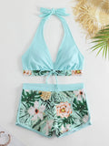 2026 Summer Women's Print Patchwork Swimsuit Sexy Deep V Neck Back Lace-up Swimwear High Waist Shorts Tankini Bathing Suit Beach