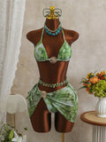 3PCS New With Skirt Tie Dye Halter Bikini Women Swimwear Female Swimsuit Bather Bathing Suit Swim Three-pieces Bikini set K8069