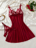 Ladies' Wine Red Countryside Style Wheat Ear Embroidery Semi Transparent Nightgown, Elegant and Comfortable, Bow Design ZA825066