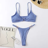 Sexy Ribbed Metal Rings High Cut Bikini Female Swimsuit Women Swimwear Two-pieces Bikini Set Micro Thong Bathing Suit Swim Lady