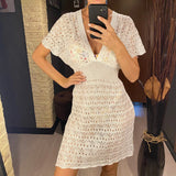 S - XL Short Sleeve V Neck Crochet Knitted Tunic Beach Cover Up Cover-ups Beach Dress Beach Wear Beachwear Female Women V5314