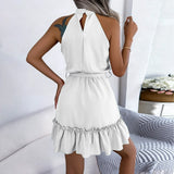Elegant Halter Mini Dress For Women Solid Color Off Shoulder Sleeveless A Line Summer Dress Tie Waist Ruffled Hem Office Dresses