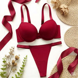Thickened chest cushion, gathering and lifting underwear set red sexy 2-piece set preferred for dating and gift giving B2051