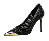 BIGTREE 2026 Fashion Metal Decoration Mesh Hollow Pointed Toe Woman Pumps Thin Heels Party Ladies Shoes Zapatillas De Mujer