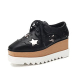 Luxury Stars Chunky Platform Brogue Shoes Women Lace Up Thick Sole Patent Leather Shoes Woman Non Slip Wedges Oxford Flats Mujer