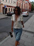 Ahagaga Causal Women Tops Solid Lace -Neck Short Sleeves Satin Slim Button Regular Eelgant Streetwear Tees Female Basic T Shirts