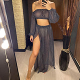 2026 Leopard Off Shoulder Long Sleeve 2 Pieces Set Beach Cover Up Cover-ups Beach Dress Beach Wear Beachwear Female Women V3728