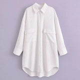 Foridol White Stripe Shirt Dress Women Autumn Spring Slit Casual Oversize Single Breasted Turn Down Collar Short Summer Dress