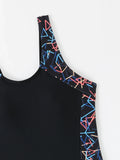 Women One-piece Sports Swimsuit Professional Training Athletic Boyleg Bathing Suit Printed Swimwear Patchwork Beach Wear Blue