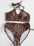 NEW Large Plus Size 2 Pieces Bikini High Waist Swimsuit Women Leopard Swimwear Female Bather Bathing Swimming Swim Suit