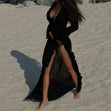 New Sexy V Neck Ruffled Long Sleeve Chiffon Tunic Beach Cover Up Cover-ups Beach Dress Beach Wear Beachwear Female Women V5976