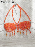 Pearls Beads Halter See Through Bikini Top Female Swimsuit Women Swimwear Bather Bathing Suit Swim Hollow Out Beach Top V8224