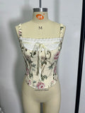 Countryside Style Floral Print Camisole Women Lace Front Tie Slim Fishbone Tank Top Summer Y2K Chic Lady Corset Streetwear