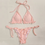 Ribbed Ruffled Frilled Brazilian Bikini Women Swimsuit Female Swimwear Two Pieces Bikini Set Halter String Bathing Suit Swim