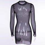 Women Mesh Dress Spring Autumn Sexy Sheer Mesh Long Sleeve Package Hip Sheath Dress Lady Sexy Club Body Wrap Mini Short Vestidos