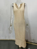 S - XL 2025 V Neck Hollow Out Crochet Knitted Tunic Beach Cover Up Long Cover-ups Beach Dress Beach Wear Beachwear Female Women