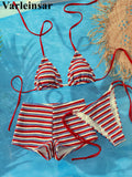 S - XL With Shorts Striped Halter Bikini Women Swimwear Female Swimsuit Three-pieces Bikini set Bather Bathing Suit Swim V8130