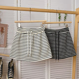 Women's Black White Striped Mini Skirt Drawstring Elastic High Waisted Sports Skirt Summer New Korean Style Sports Skirts 2026