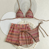 Striped Halter High Cut With Shorts Bikini Three-pieces Bikini set Female Swimsuit Bathing Suit Women Swimwear Bather Swim V6326