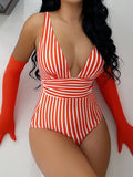 2026 Striped One Piece Swimsuit Sexy Swimwear Women V-neck Bathing Swimming Suit Female Summer Beachwear Bodysuit