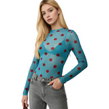 Women’s Spring Summer Crew Neck Mesh T-Shirts Long Sleeve Dots Print Slim Fit Transparent Classic Tops