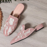 NASBAVI Fashion 3d Embroidery Mules Women Fur Slippers Velvet Shoes Ladies Low Heel Flower Decoration Sandals Women's Flip Flops