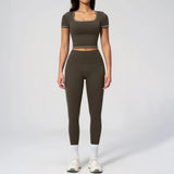 2PC Color Contrast Yoga Suit Women Short Sleeve Square Collar Slim Sports Top Fitness Suits Outdoor Exercise Leggings Tracksuit