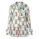 Womens Satin Christmas Pajamas Sets Print Button Up Long Sleeve Lapel V Neck Tops and Shorts Lounge Wear 2 Pieces Suits
