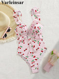 S - XL Cherry Printed Plaid Cut Out One Piece Swimsuit Women Swimwear Female Frilled High Leg Cut Bather Bathing Suit Swim V7557