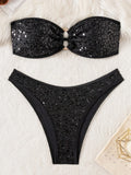 Glitter Sequins Fishnet Rings Bandeau Bikini Female Swimsuit Women Swimwear Two-pieces Bikini Set Brazilian Bathing Suit Swim