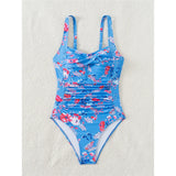 S - XL Sexy Flowers Printed Floral Wrinkled One Piece Swimsuit Women Swimwear Female High Leg Cut Bather Bathing Suit Swim V5816
