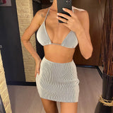 S - XL New With Skirt Ribbed Halter Bikini Female Swimsuit Women Swimwear Three-pieces Bikini set Bather Bathing Suit Swim V4351