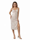 Women Summer Floral Print Party Club Midi Dress Sleeveless Spaghetti Strap Bustier Backless Thigh Slit Slim Dress
