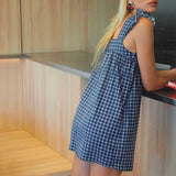 Summer Mini Plaid Print A line Dress for Women Sleeveless Ruffle Trim Square Neck Loose Fitting Cami Dress With Pocket