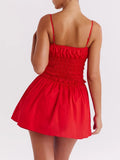 Cotton Summer Red Short Dress Women Strapless Beach Mini Dress Casual Ruffles Spaghetti Strap Boho Party Sleeveless Dress