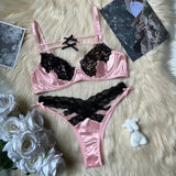 Toucheart Sexy Lace Patchwork Pink Lace Bra Thong Underwear Set For Women Bow Knot Black Lace Up Hollow Out Sexy Lingerie Set