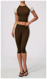 Color Blocking 2PCS Yoga Set Women's Tracksuit Short Sleeve O Neck Sports T Shirts High Waist Cropped Pants Tight Fitness Suits