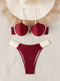 Sexy Coffee Contrast Ruffles Thong Bikini Set Women Hollow Out Push Up Underwire Bra Swimwear 2026 Summer Bathing Suit Swimsuit