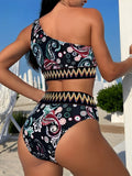 2026 Paisley Print Chevron Tape One Shoulder Swimsuit Women Bikini Swimwear Female Bathers Bathing Swimming Swim Suit Beachwear